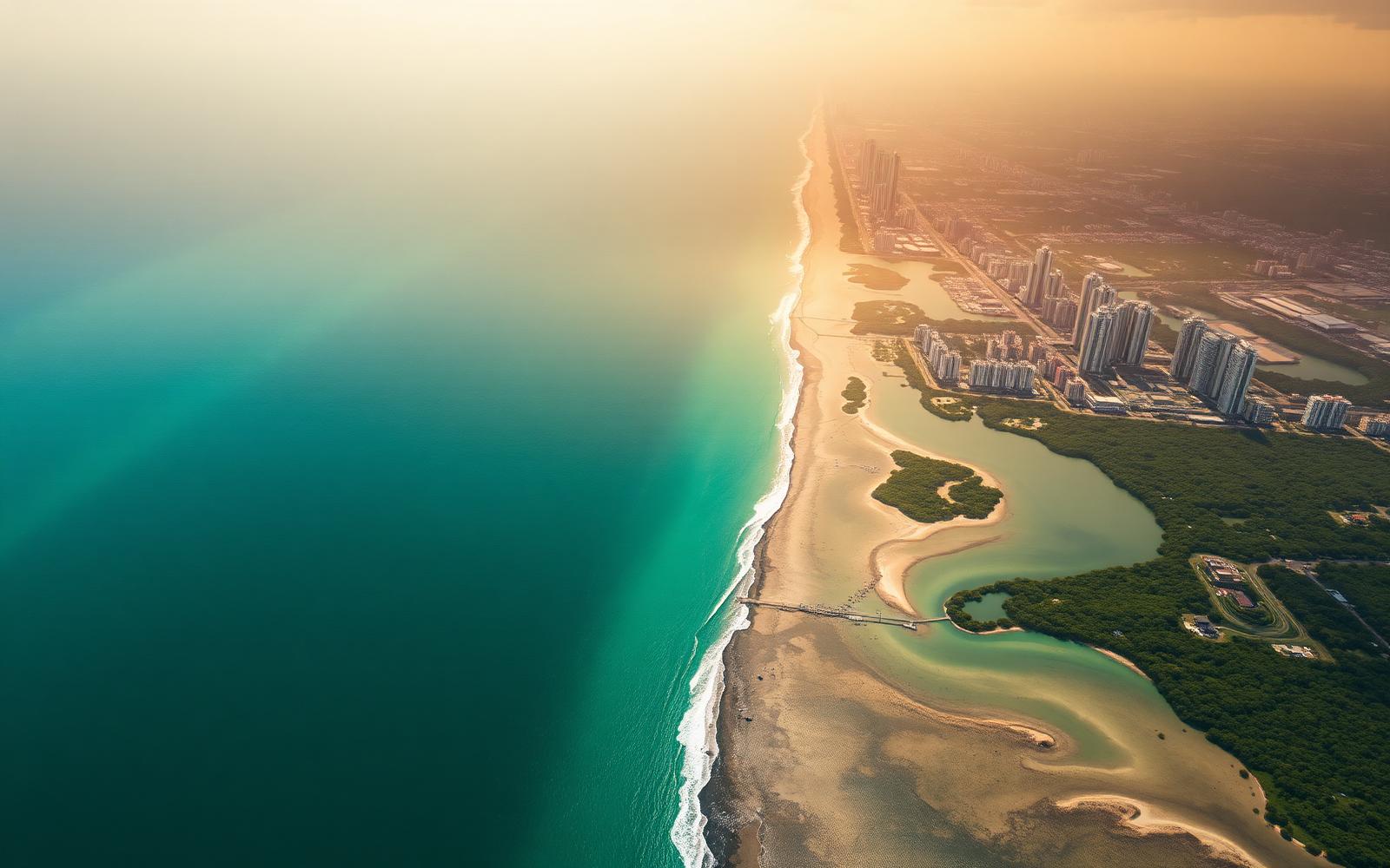 Aerial view of an African coastline meeting a clean restored ocean beside a modern city