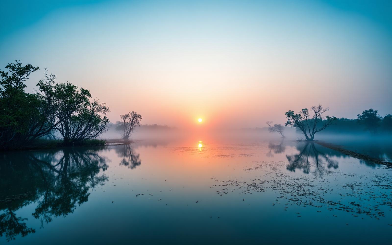 Restored African lagoon at sunrise